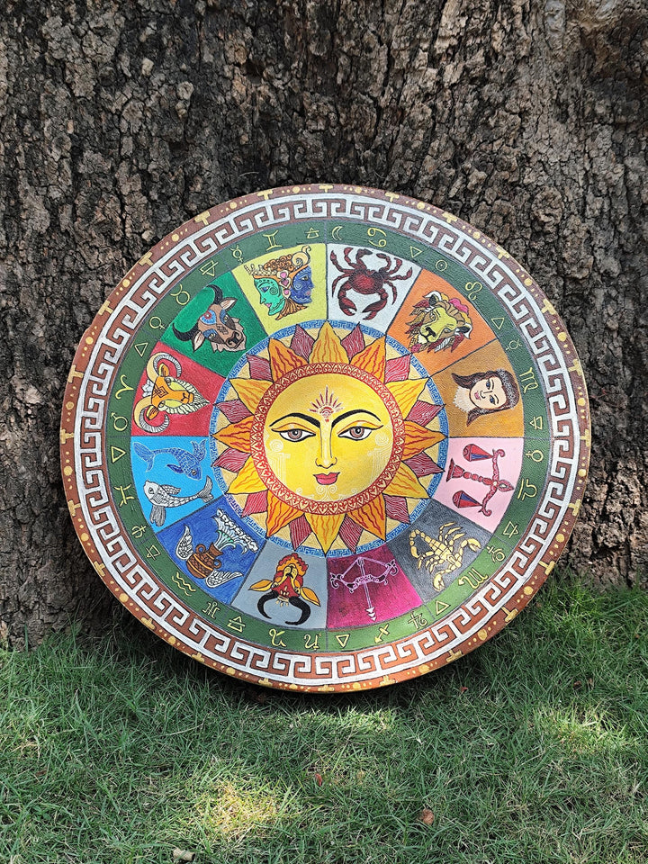 Hand Painted Sun and Zodiac Wheel Medicine Drum