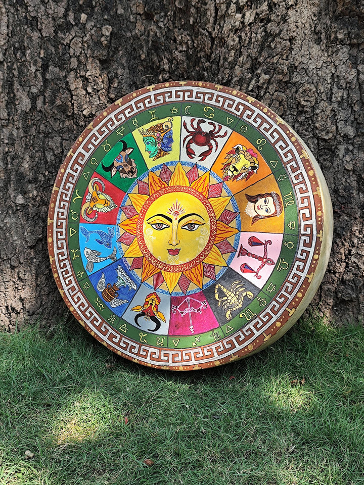 Hand Painted Sun and Zodiac Wheel Medicine Drum