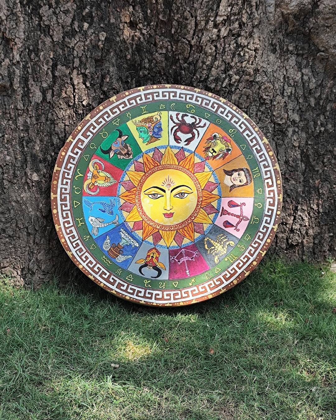 Hand Painted Sun and Zodiac Wheel Medicine Drum