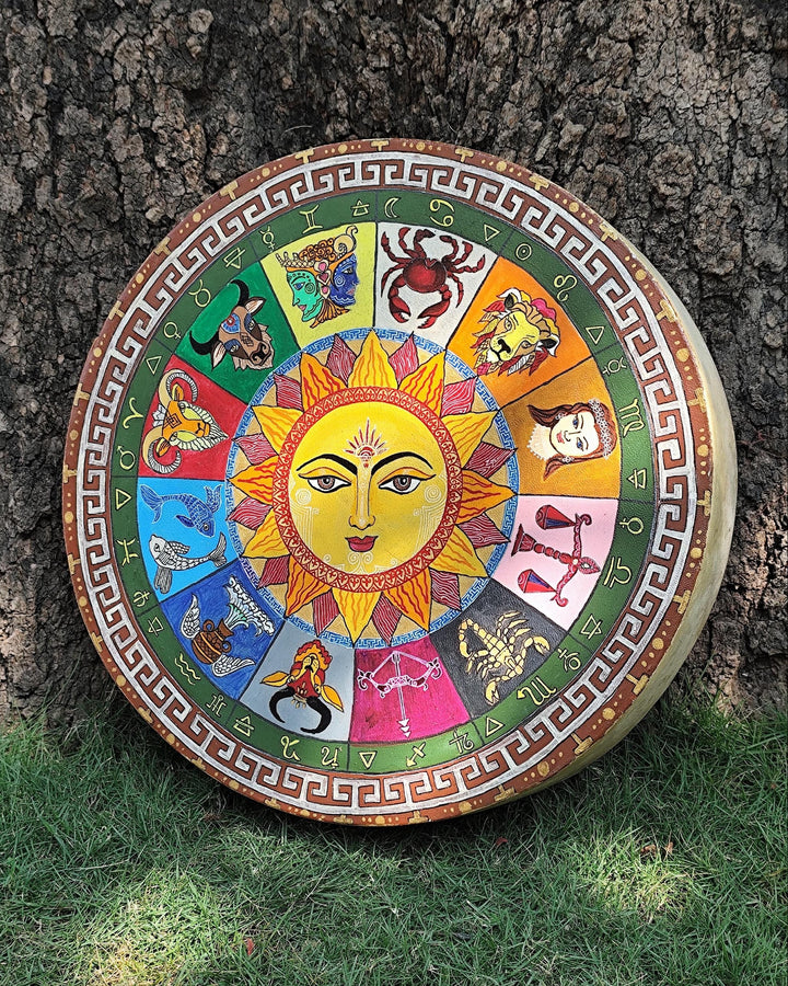Hand Painted Sun and Zodiac Wheel Medicine Drum