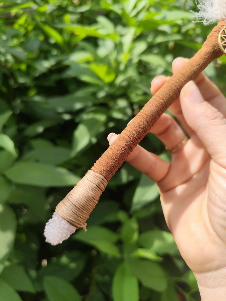 Handmade Feather Smudge Fan with Quartz Crystal Cluster & Sacred Charm | Leather Wrapped Ritual Tool | Energy Cleansing Fan
