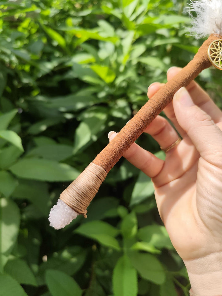 Handmade Feather Smudge Fan with Quartz Crystal Cluster & Sacred Charm | Leather Wrapped Ritual Tool | Energy Cleansing Fan