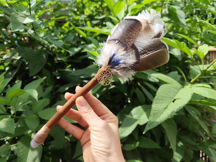Handmade Feather Smudge Fan with Quartz Crystal Cluster & Sacred Charm | Leather Wrapped Ritual Tool | Energy Cleansing Fan