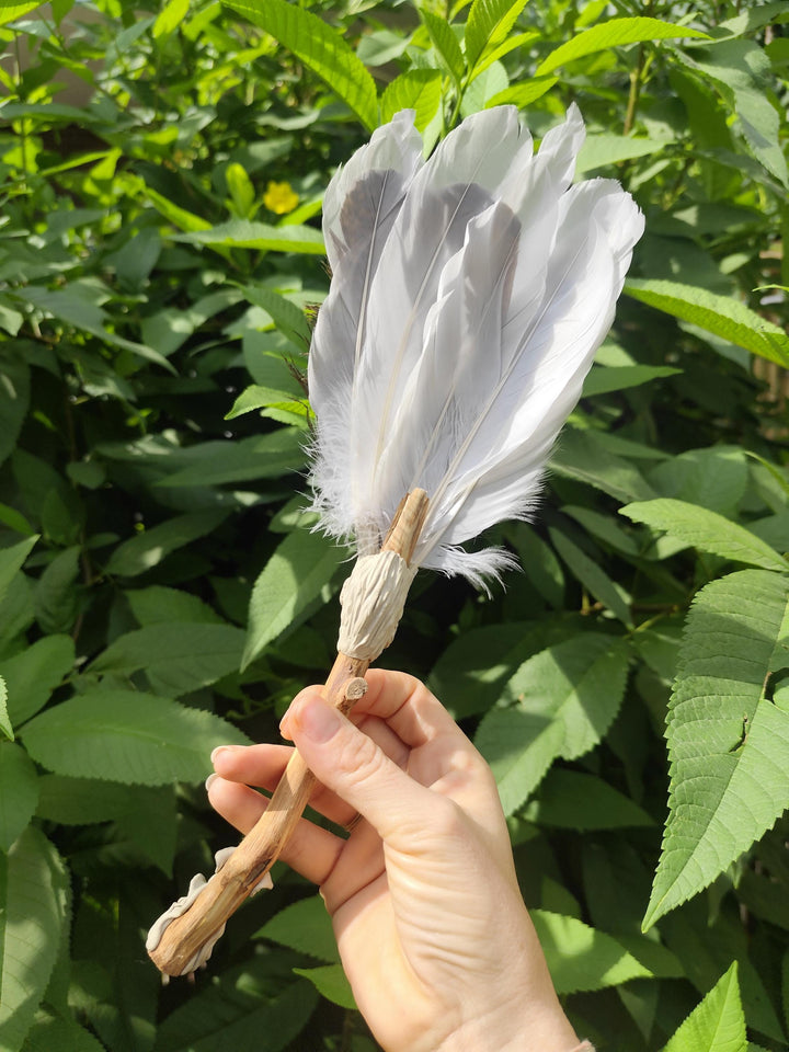 Handmade Feather, Amethyst Crystal & Clay Smudge Fan | Sacred Energy Cleansing Tool | Boho Spiritual Decor | Ritual and Ceremony Fan