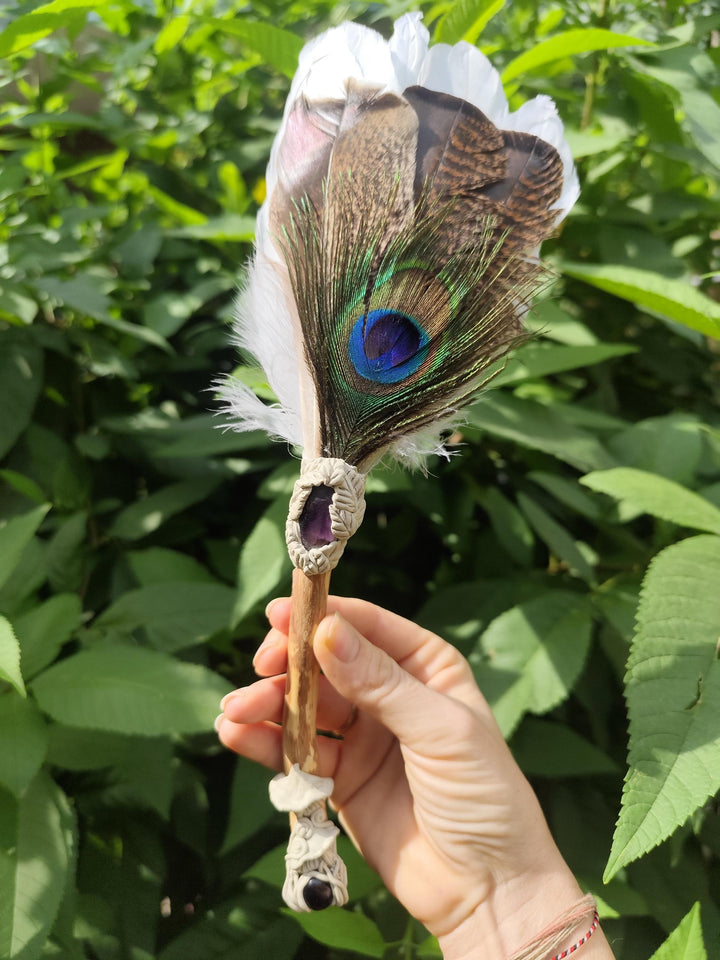 Handmade Feather, Amethyst Crystal & Clay Smudge Fan | Sacred Energy Cleansing Tool | Boho Spiritual Decor | Ritual and Ceremony Fan