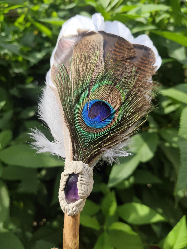 Handmade Feather, Amethyst Crystal & Clay Smudge Fan | Sacred Energy Cleansing Tool | Boho Spiritual Decor | Ritual and Ceremony Fan