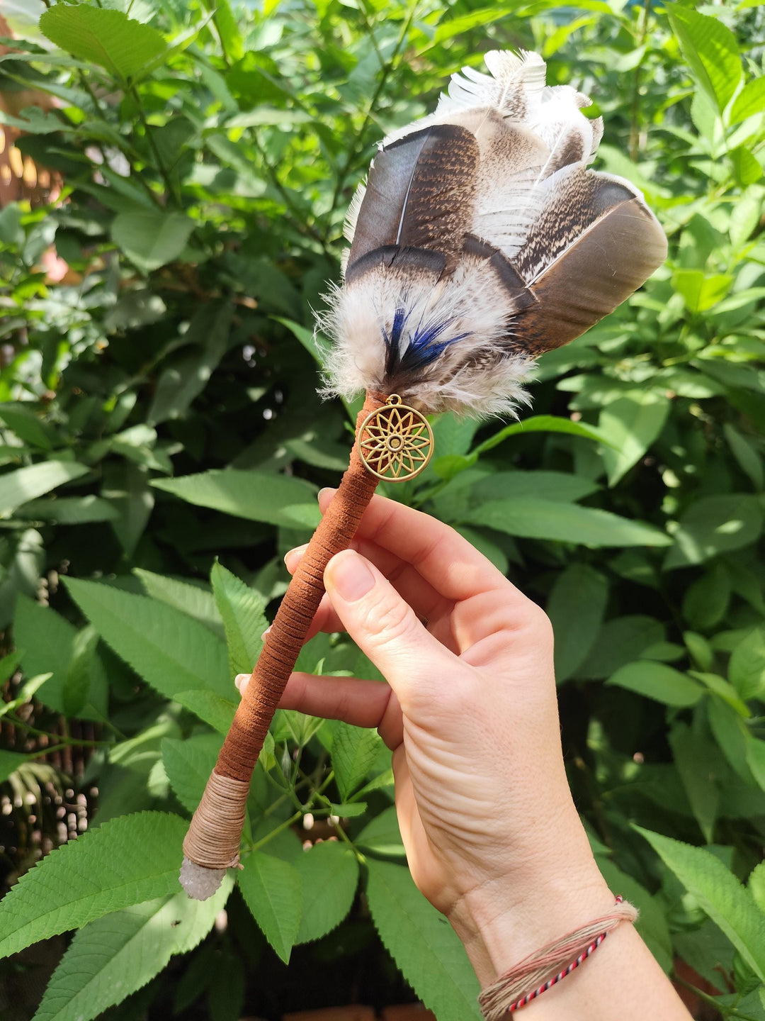 Handmade Feather Smudge Fan with Quartz Crystal Cluster & Sacred Charm | Leather Wrapped Ritual Tool | Energy Cleansing Fan