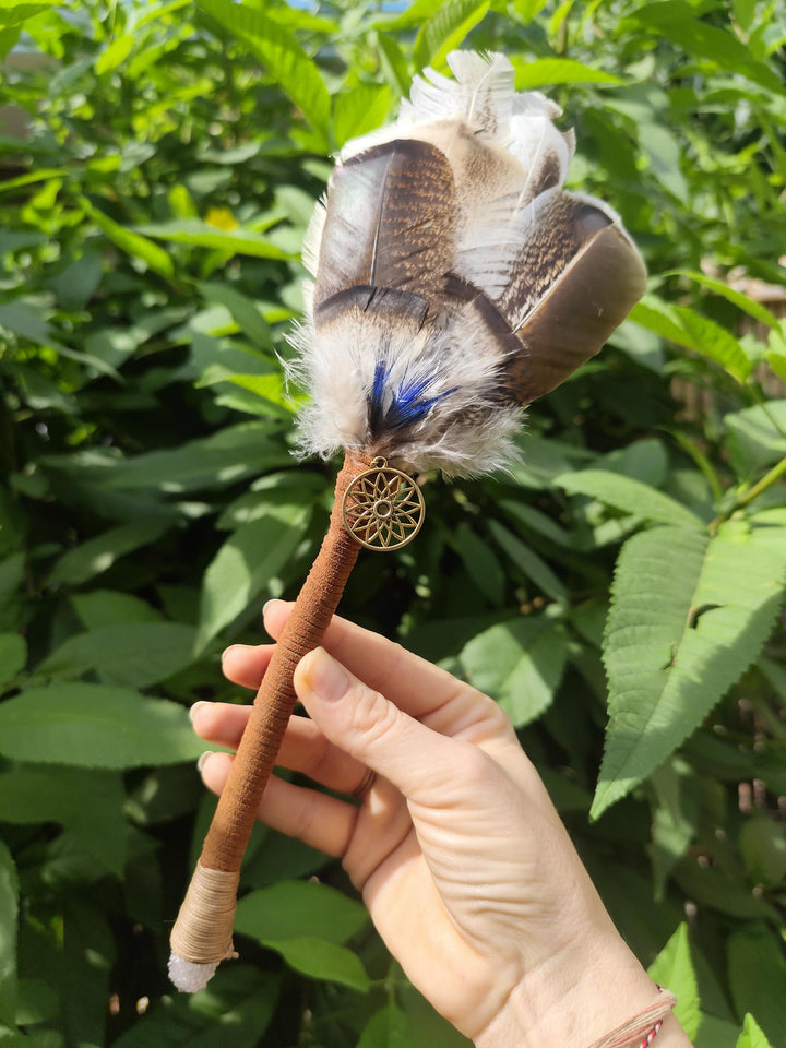 Handmade Feather Smudge Fan with Quartz Crystal Cluster & Sacred Charm | Leather Wrapped Ritual Tool | Energy Cleansing Fan