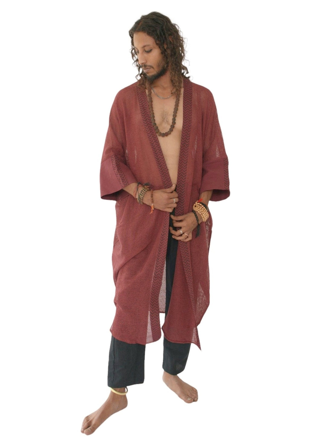 Maroon Organic Cotton Mesh Long Kimono