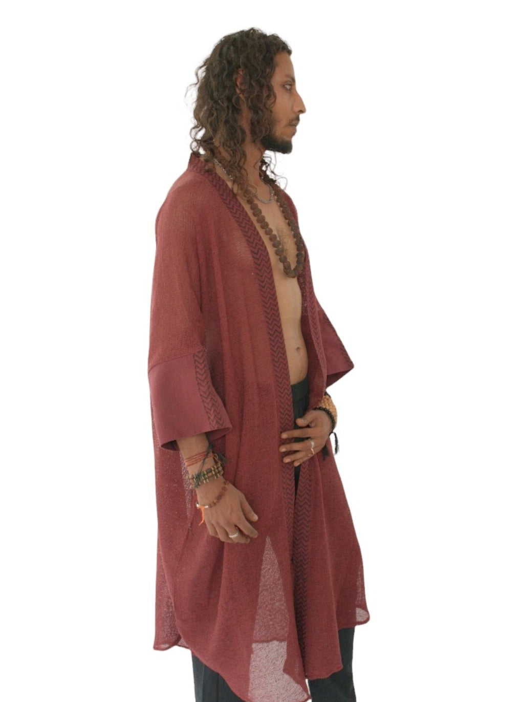 Maroon Organic Cotton Mesh Long Kimono