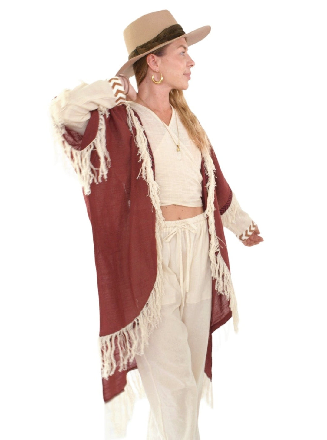 Maroon Organic Cotton Shrug with Fringe