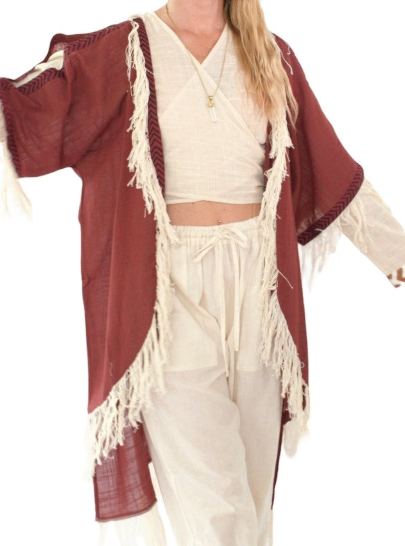 Maroon Organic Cotton Shrug with Fringe