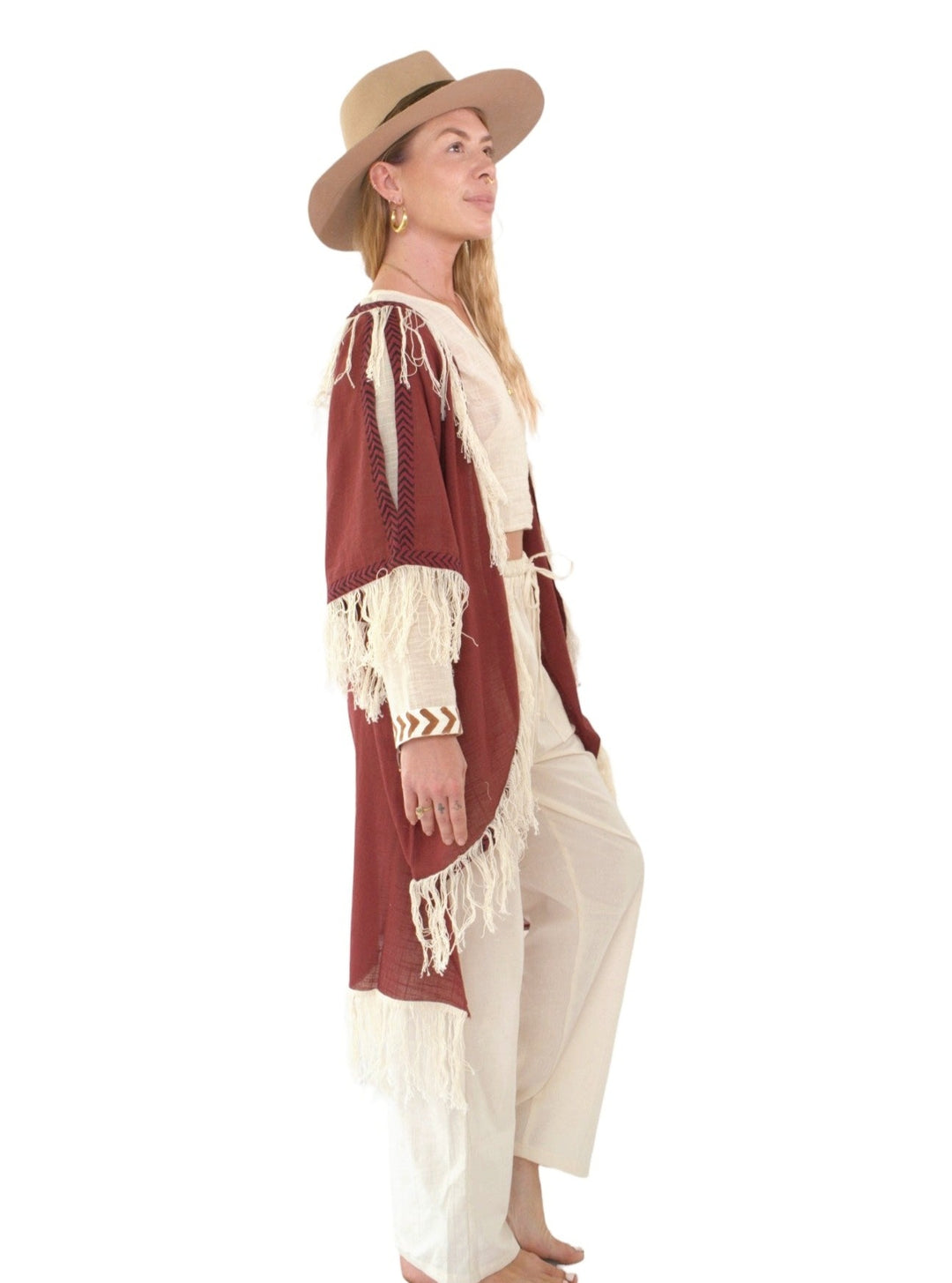 Maroon Organic Cotton Shrug with Fringe