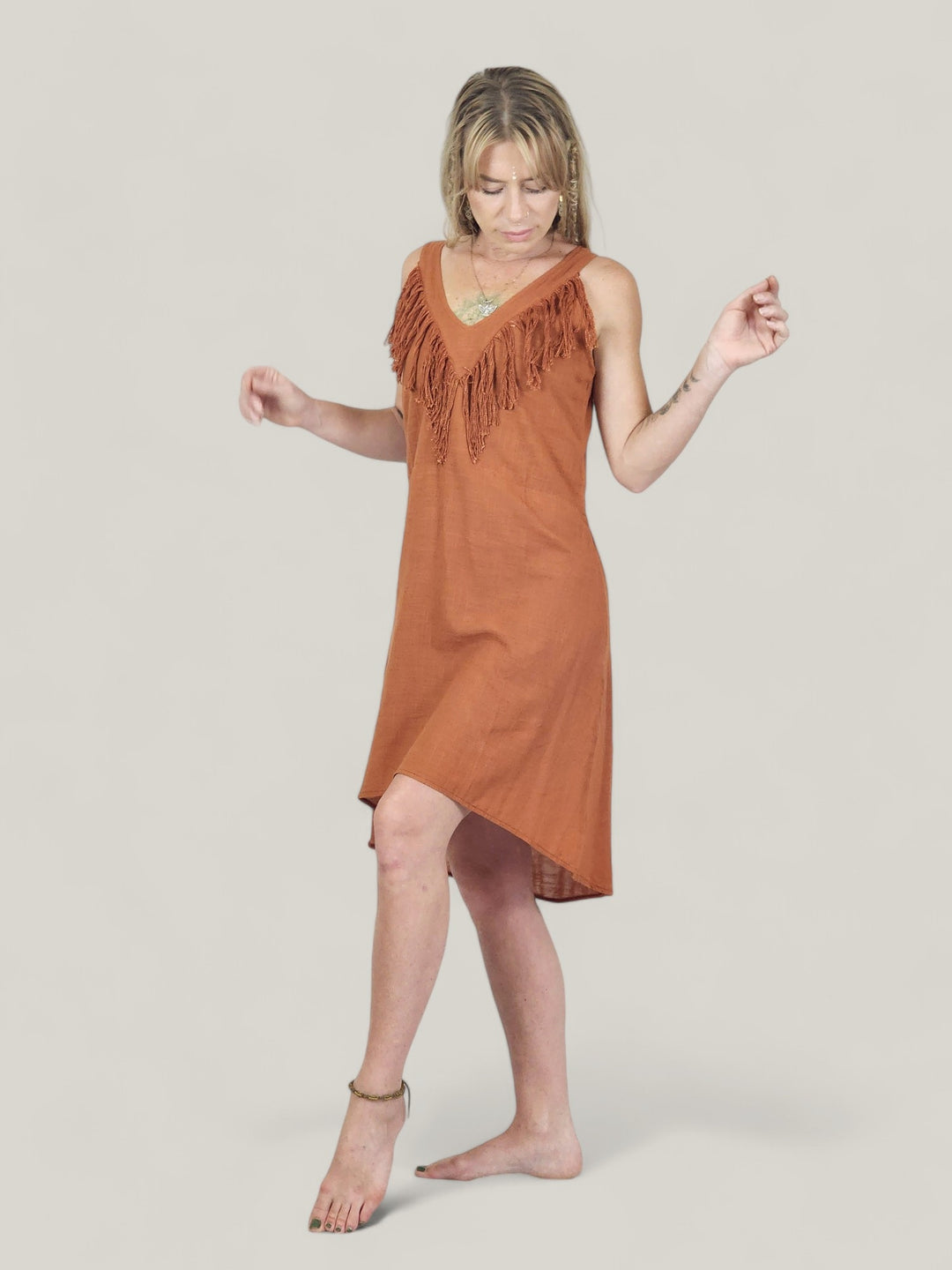 Orange Organic Linen Mini Dress with Fringe