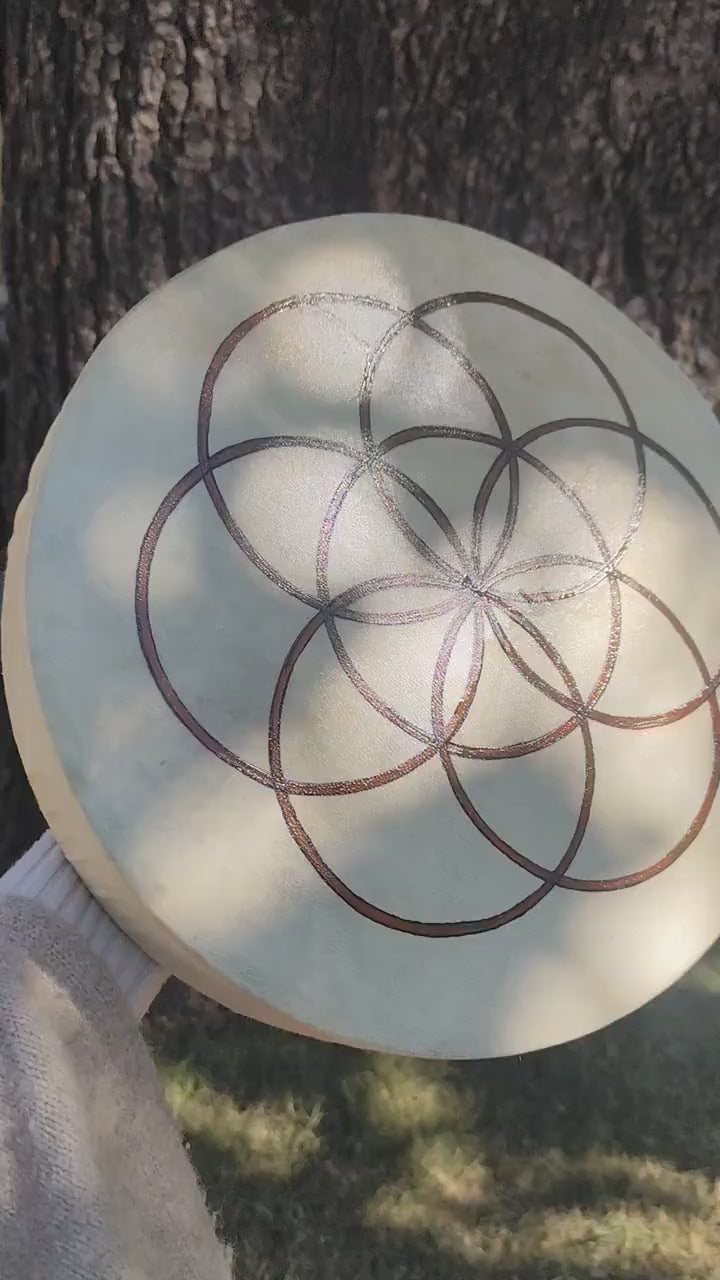 Seed of Life Sacred Geometry Medicine Drum, Hand Painted Shamanic Frame Drum for Sound Healing, Meditation and Ceremony