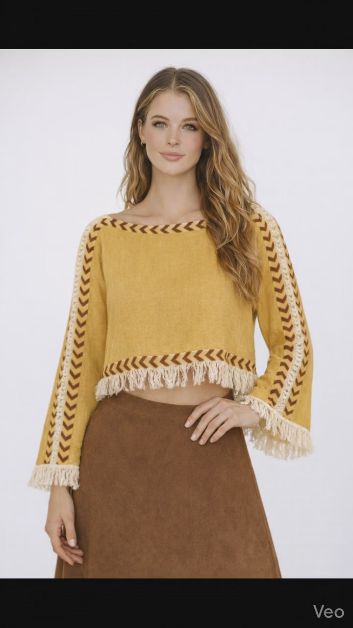 Long Sleeve Crop Top with Fringe (Turmeric)