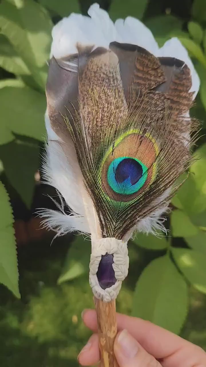 Handmade Feather, Amethyst Crystal & Clay Smudge Fan | Sacred Energy Cleansing Tool | Boho Spiritual Decor | Ritual and Ceremony Fan