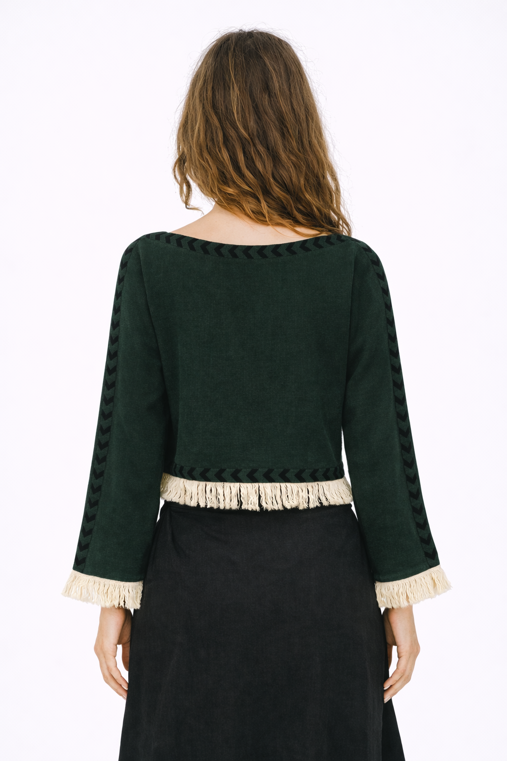 Long Sleeve Crop Top with Fringe (Forest Green)