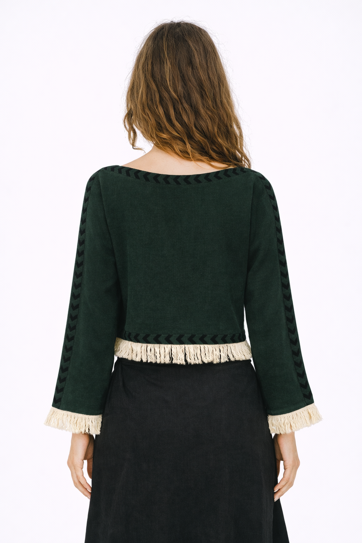 Long Sleeve Crop Top with Fringe (Forest Green)