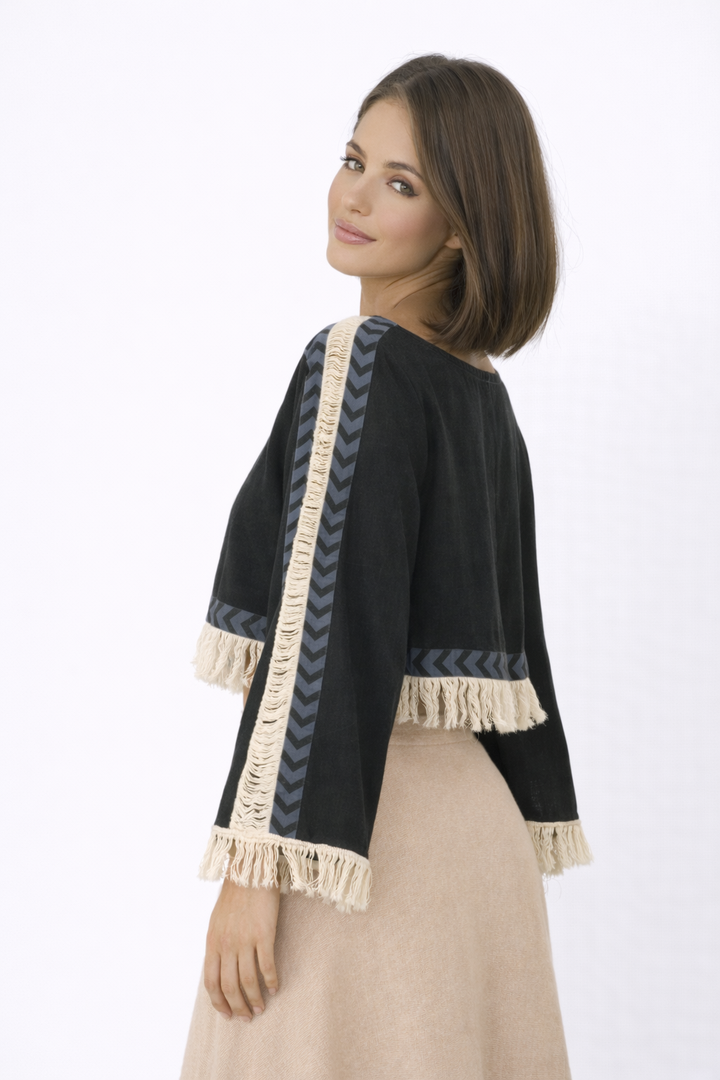 Long Sleeve Crop Top with Fringe (Black)