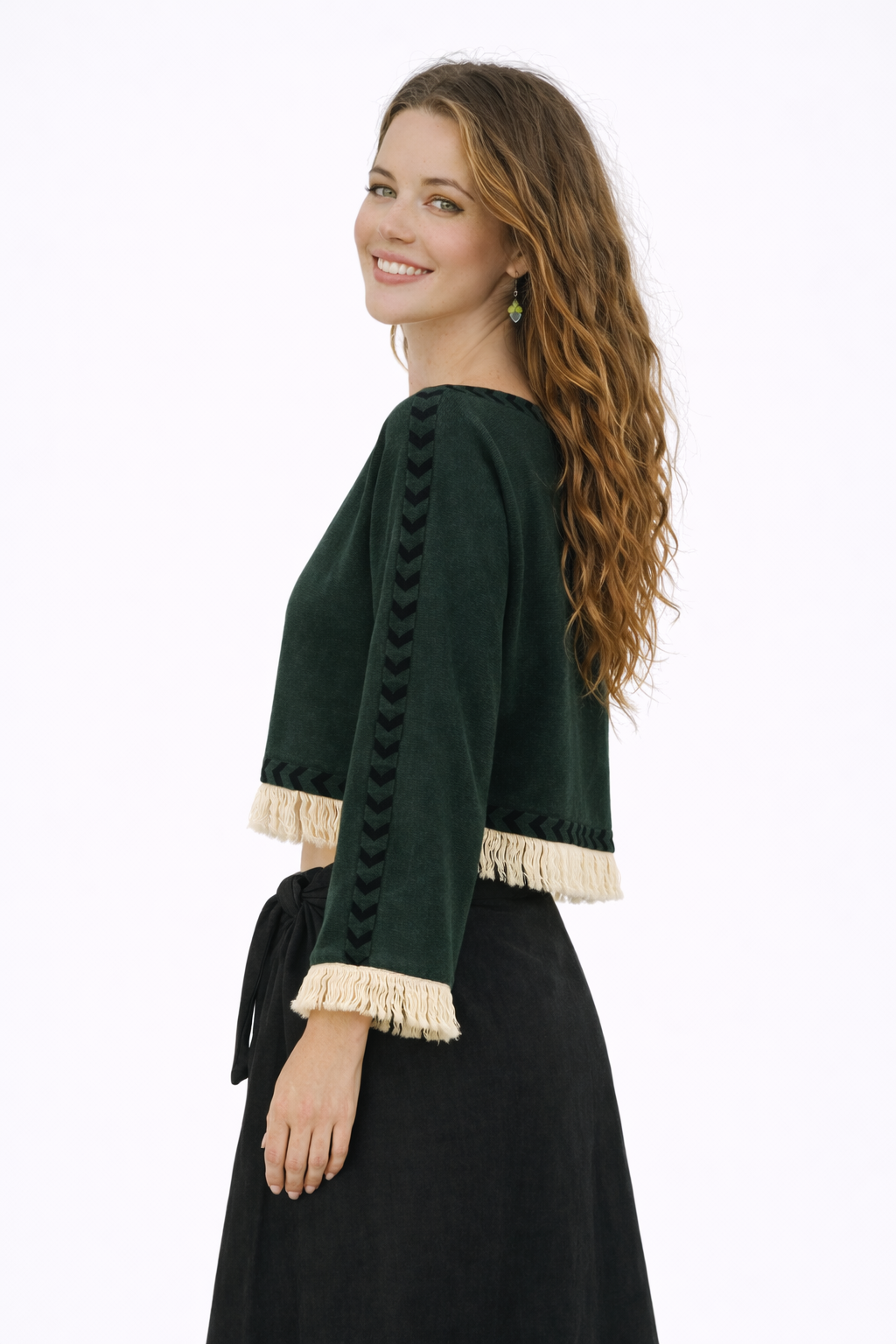 Long Sleeve Crop Top with Fringe (Forest Green)