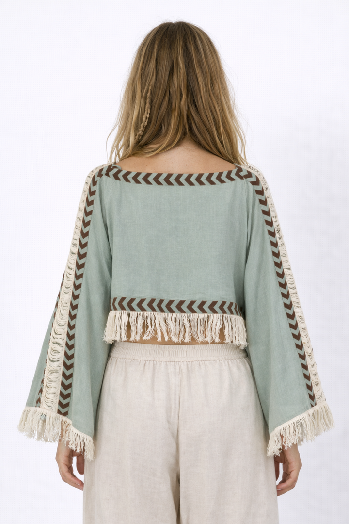 Long Sleeve Crop Top with Fringe (Sage)