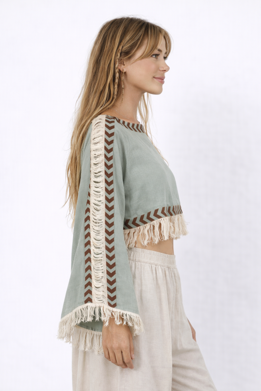 Long Sleeve Crop Top with Fringe (Sage)