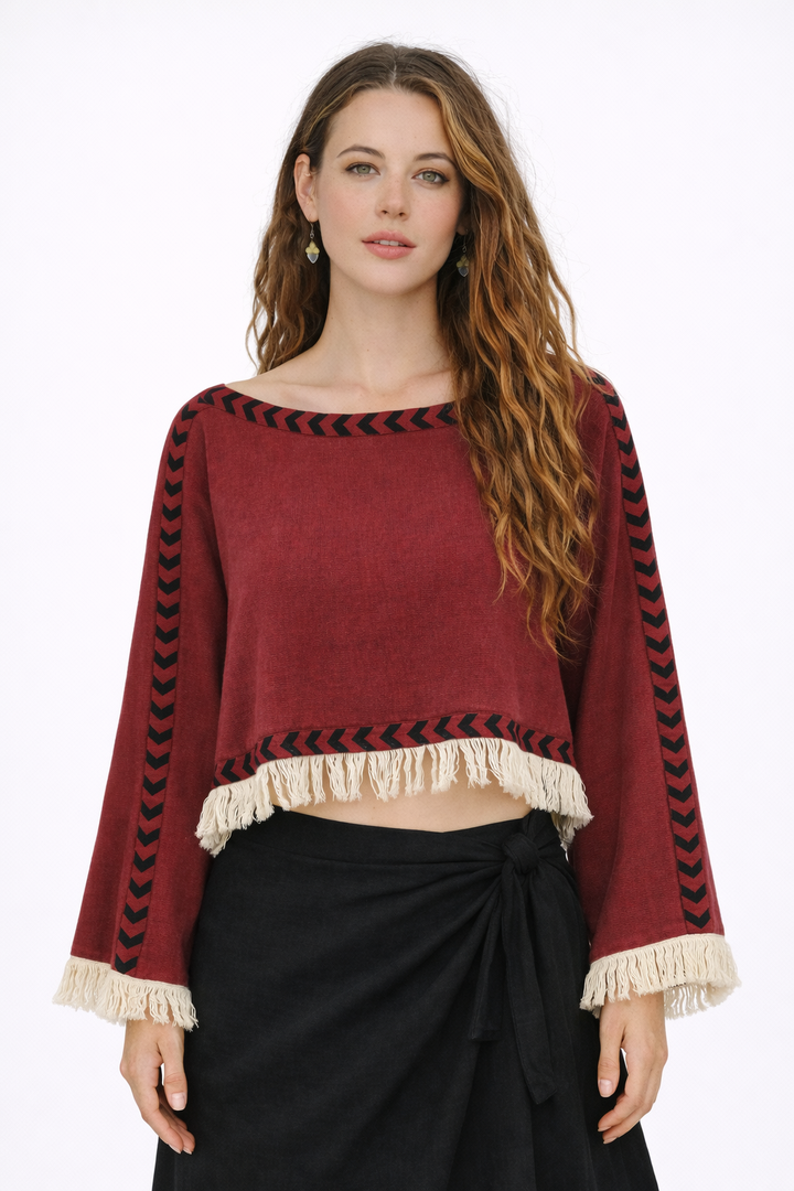 Long Sleeve Crop Top with Fringe (Maroon)