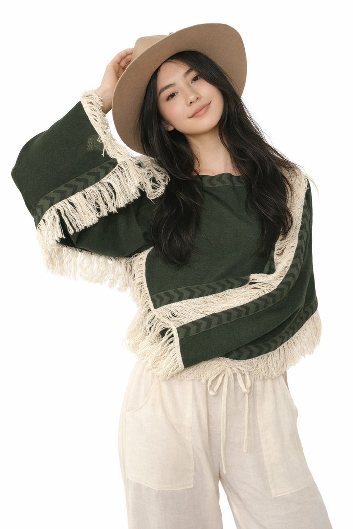 Long Sleeve Crop Top with Fringe (Forest Green)