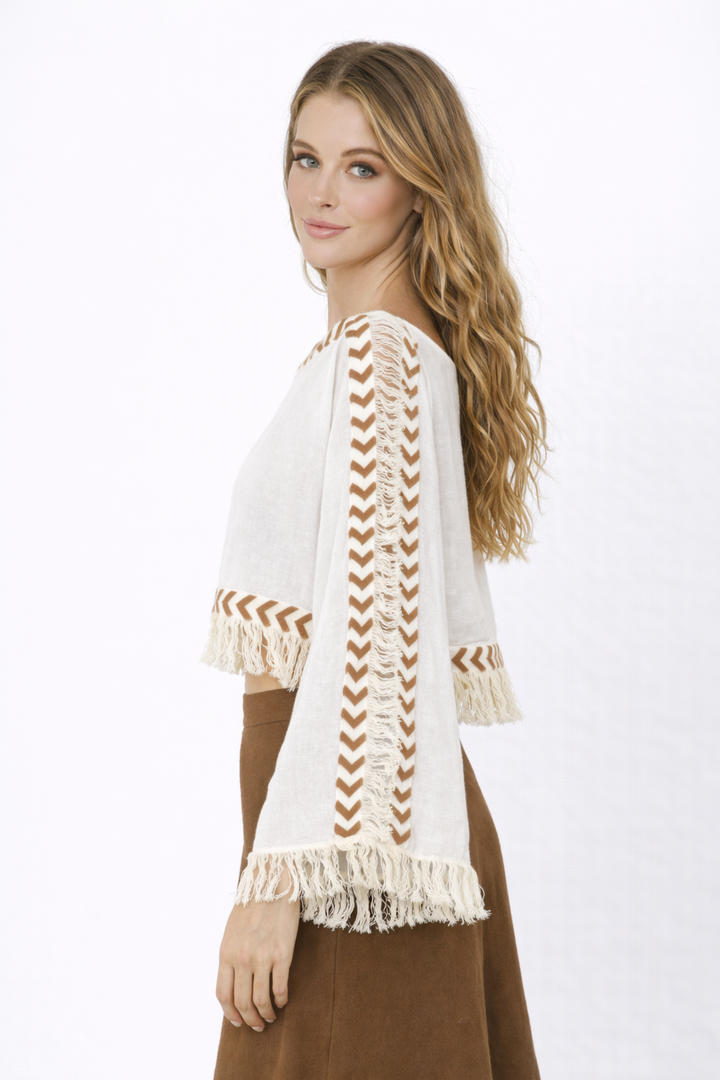 Long Sleeve Crop Top with Fringe (White)