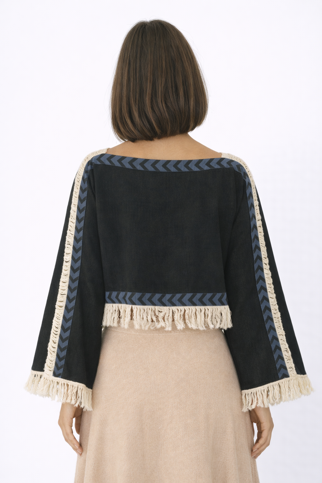 Long Sleeve Crop Top with Fringe (Black)