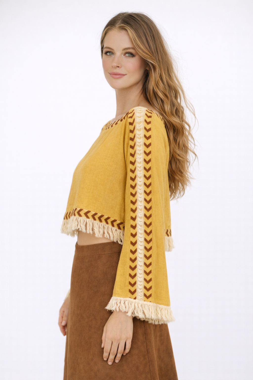 Long Sleeve Crop Top with Fringe (Turmeric)