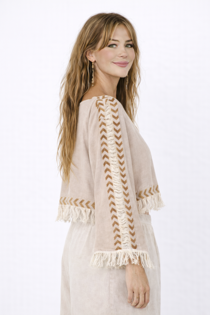 Long Sleeve Crop Top with Fringe (Dusty Rose)