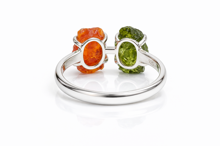 Moldavite and Carnelian Double Stone Prong Ring