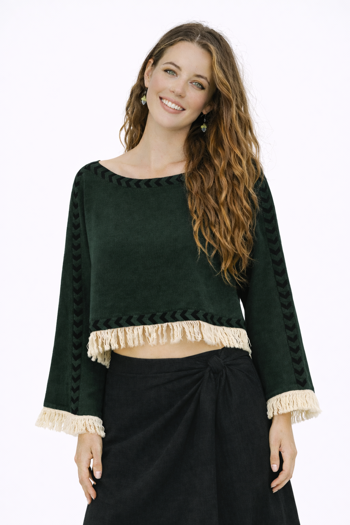 Long Sleeve Crop Top with Fringe (Forest Green)