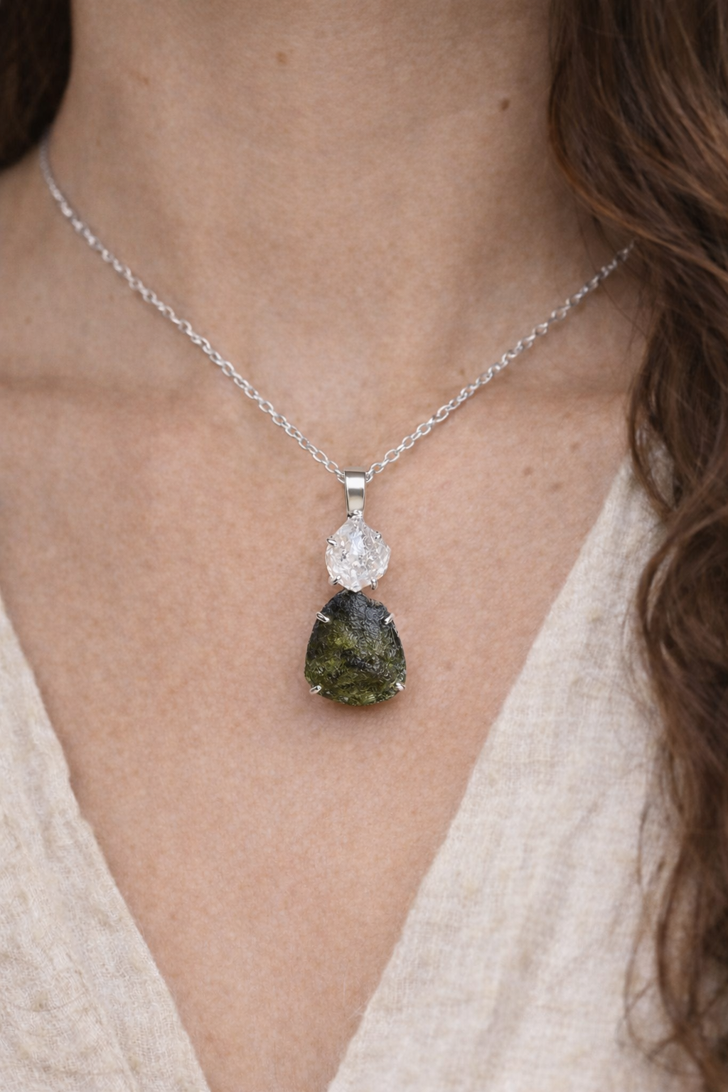Moldavite and Herkimer Sterling Silver Necklace