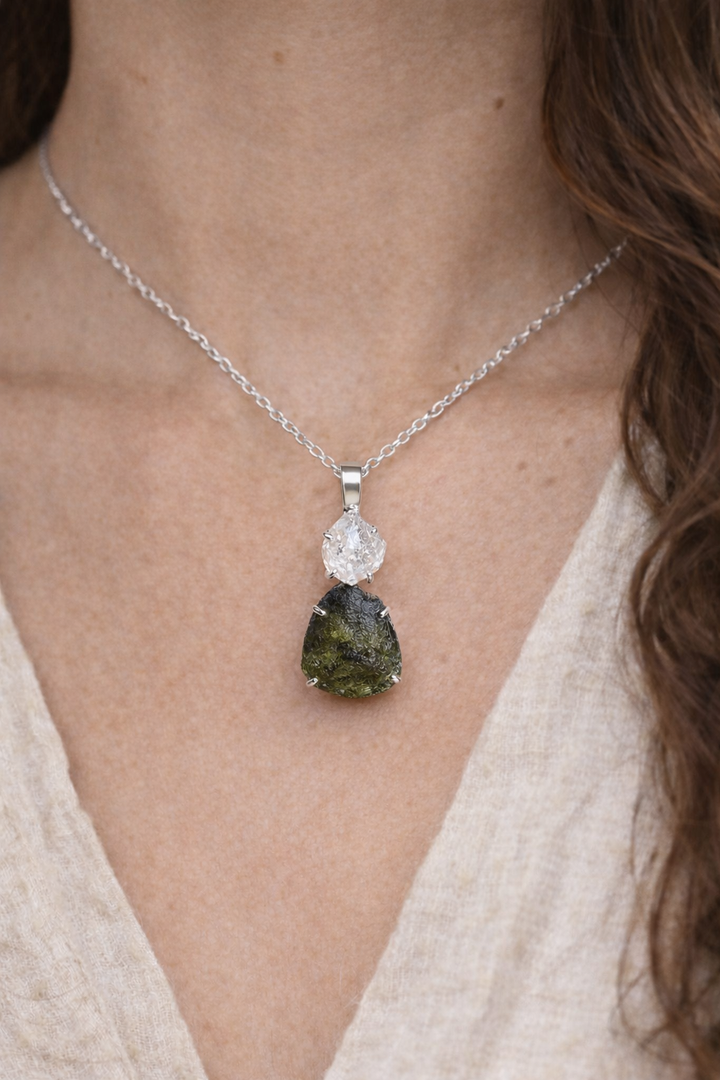 Moldavite and Herkimer Sterling Silver Necklace