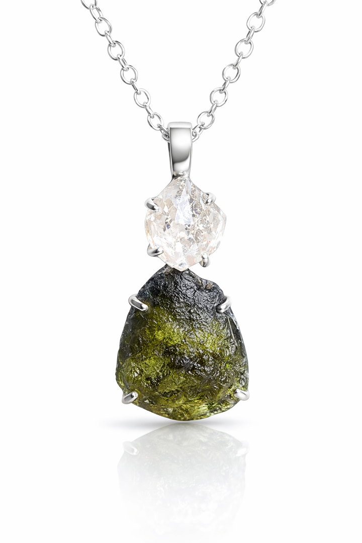 Moldavite and Herkimer Sterling Silver Necklace
