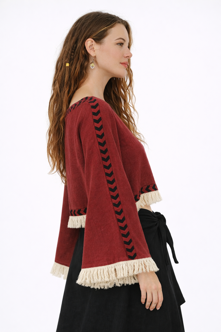 Long Sleeve Crop Top with Fringe (Maroon)