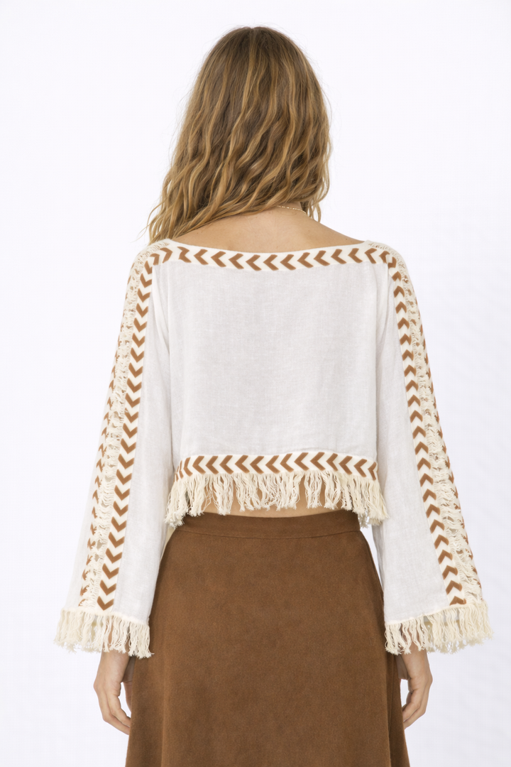 Long Sleeve Crop Top with Fringe (White)