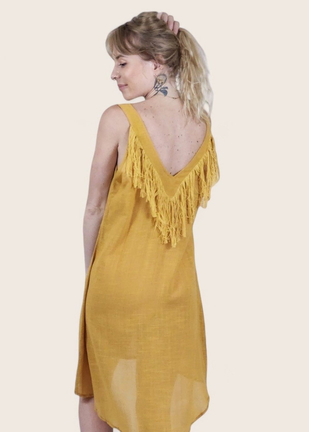 Turmeric Organic Linen Mini Dress with Fringe