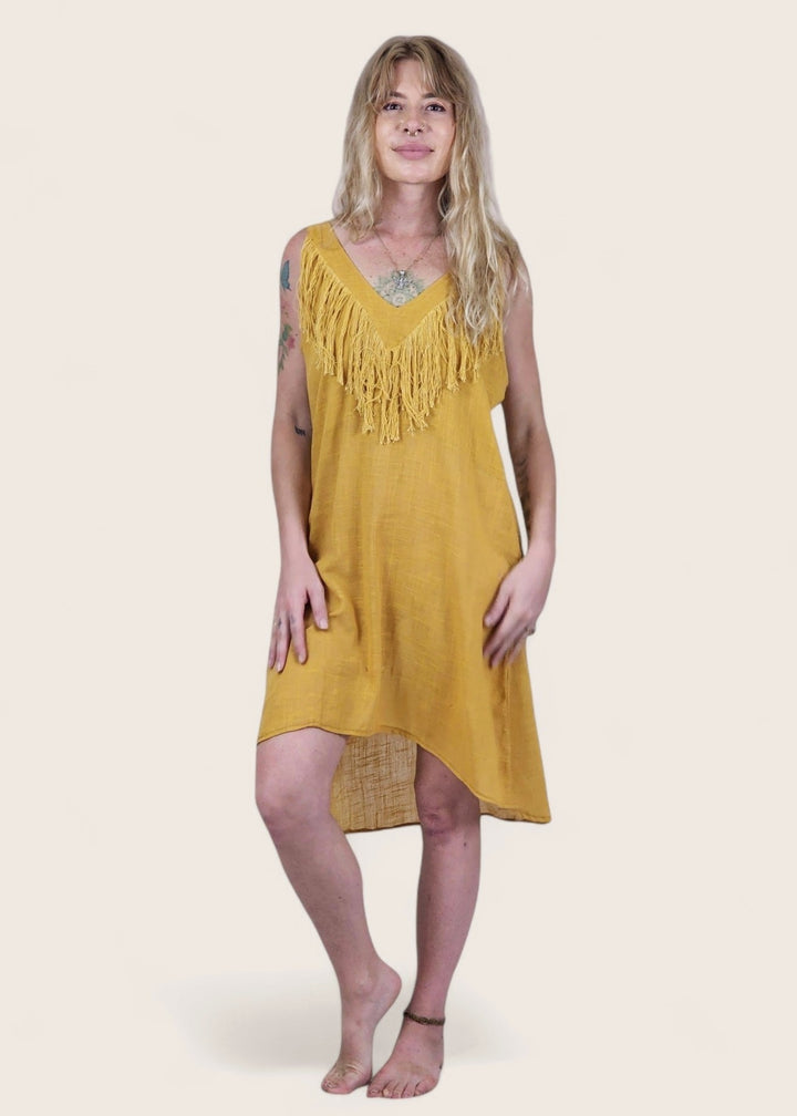 Turmeric Organic Linen Mini Dress with Fringe