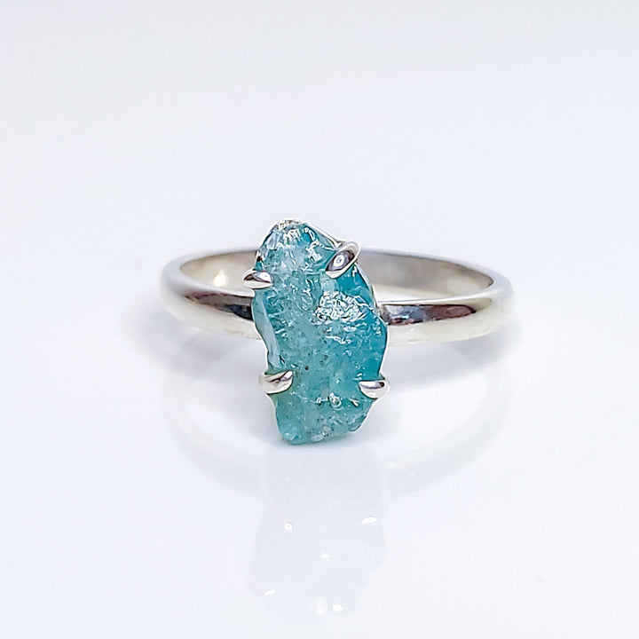 Raw Blue Apatite Uncut Rough Crystal Gemstone Birthstone Ring, 925 Sterling Silver (Rose Gold, Gold Band Option Avail.) | Blue Apatite Ring - ShantiShopIndia