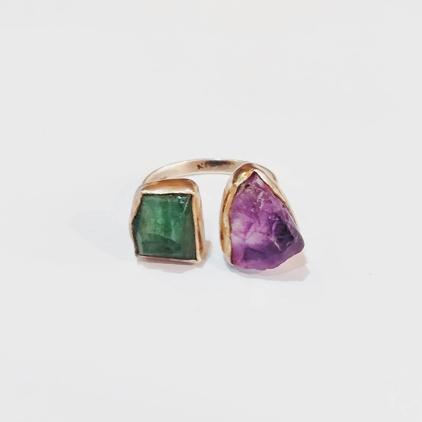 Raw Green Emerald & Amethyst Double Stone Adjustable Crystal Ring