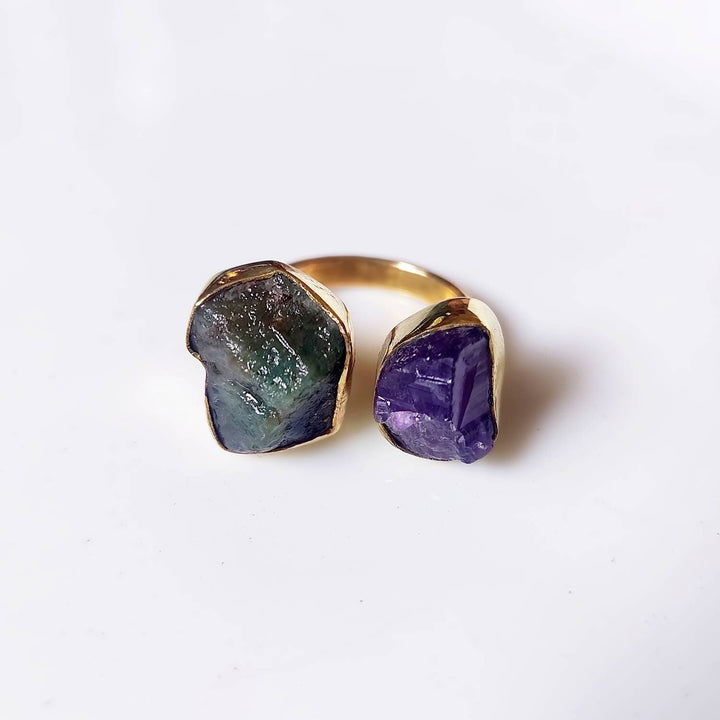 Raw Green Emerald & Amethyst Double Stone Adjustable Crystal Ring