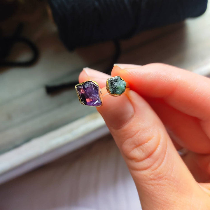Raw Green Emerald & Amethyst Double Stone Adjustable Crystal Ring