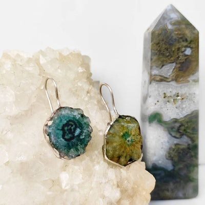 Handmade Green Agate Geode Crystal Earrings | Agate Crystal & Silver Earrings | Gemstone Earrings | Quartz Crystal Jewelry | Gifts for Girls - ShantiShopIndia