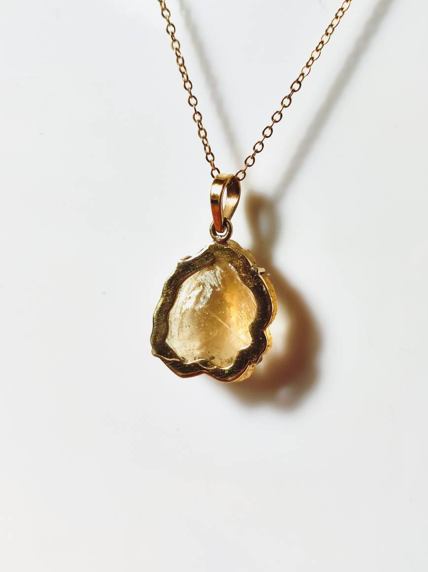 Handmade Raw Citrine Rough Stone Crystal Quartz Pendant Prong Necklace | 925 Sterling Silver, Rose Gold or Yellow Gold - ShantiShopIndia