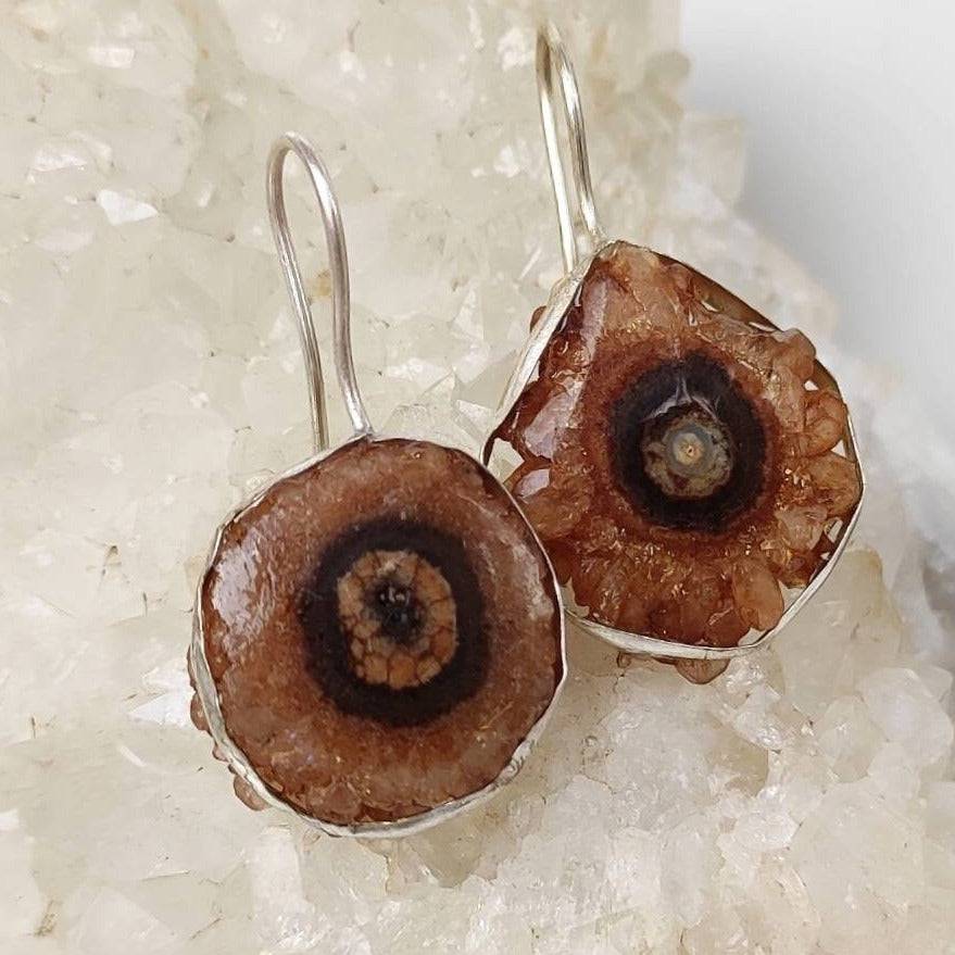 Handmade Brown Agate Geode Crystal Earrings | Agate Crystal & Silver Earrings | Gemstone Earrings | Quartz Crystal Jewelry | Gifts for Girls - ShantiShopIndia