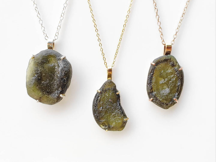 A-Grade Certified Moldavites from Chlum, Czech Republic | Silver, Gold or Rose Gold Pendant Necklace | Vltavin | High Vibration Jewelry - ShantiShopIndia